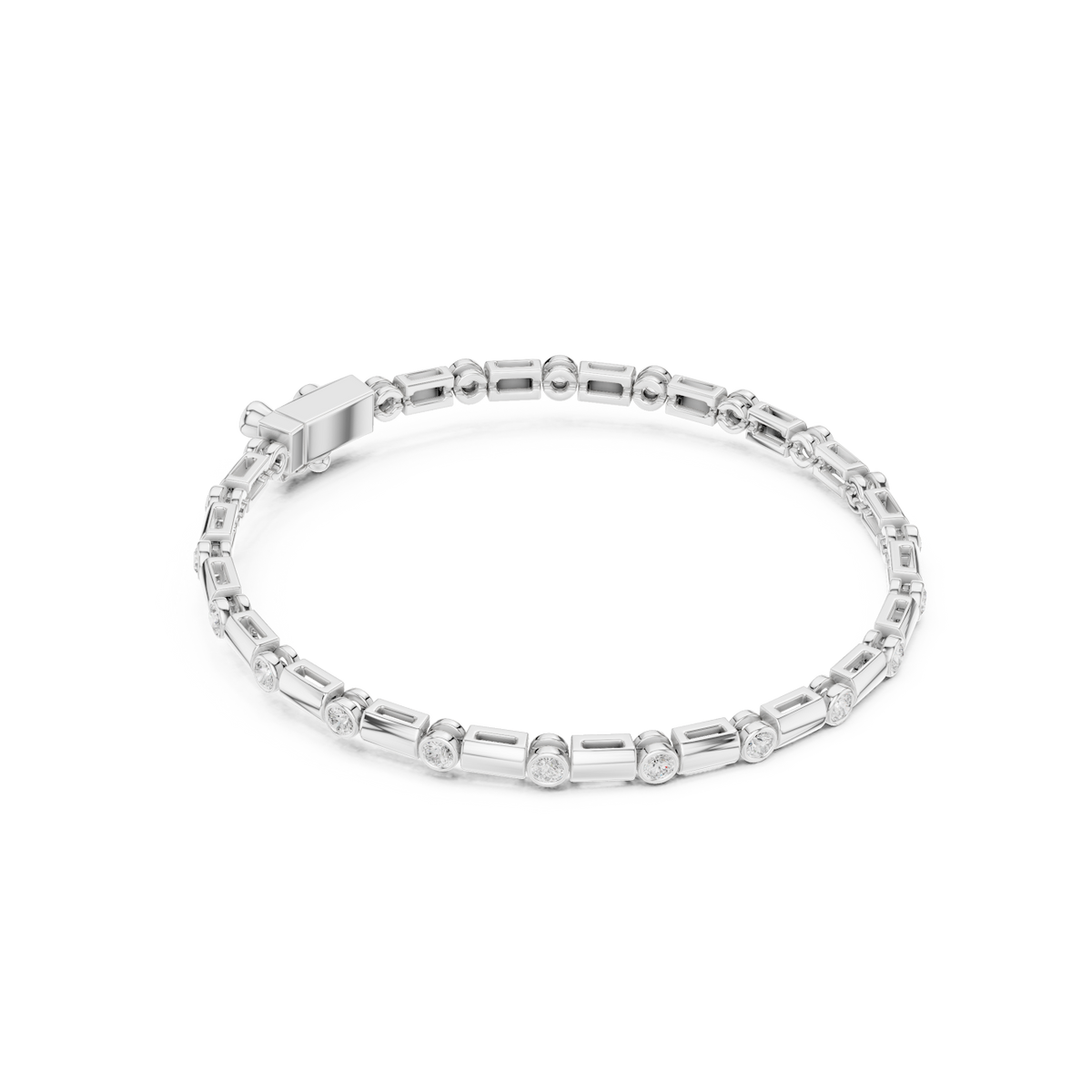 Bezel and baguette diamond tennis bracelet featuring alternating round bezel-set stones and polished baguette links by Orova Jewels.