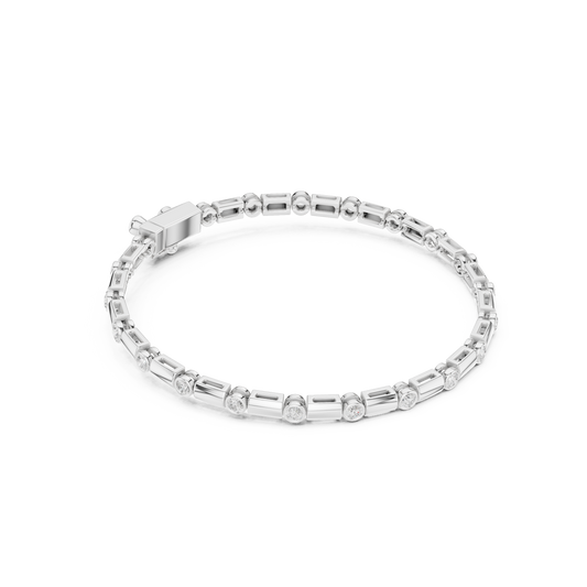Bezel and baguette diamond tennis bracelet featuring alternating round bezel-set stones and polished baguette links by Orova Jewels.
