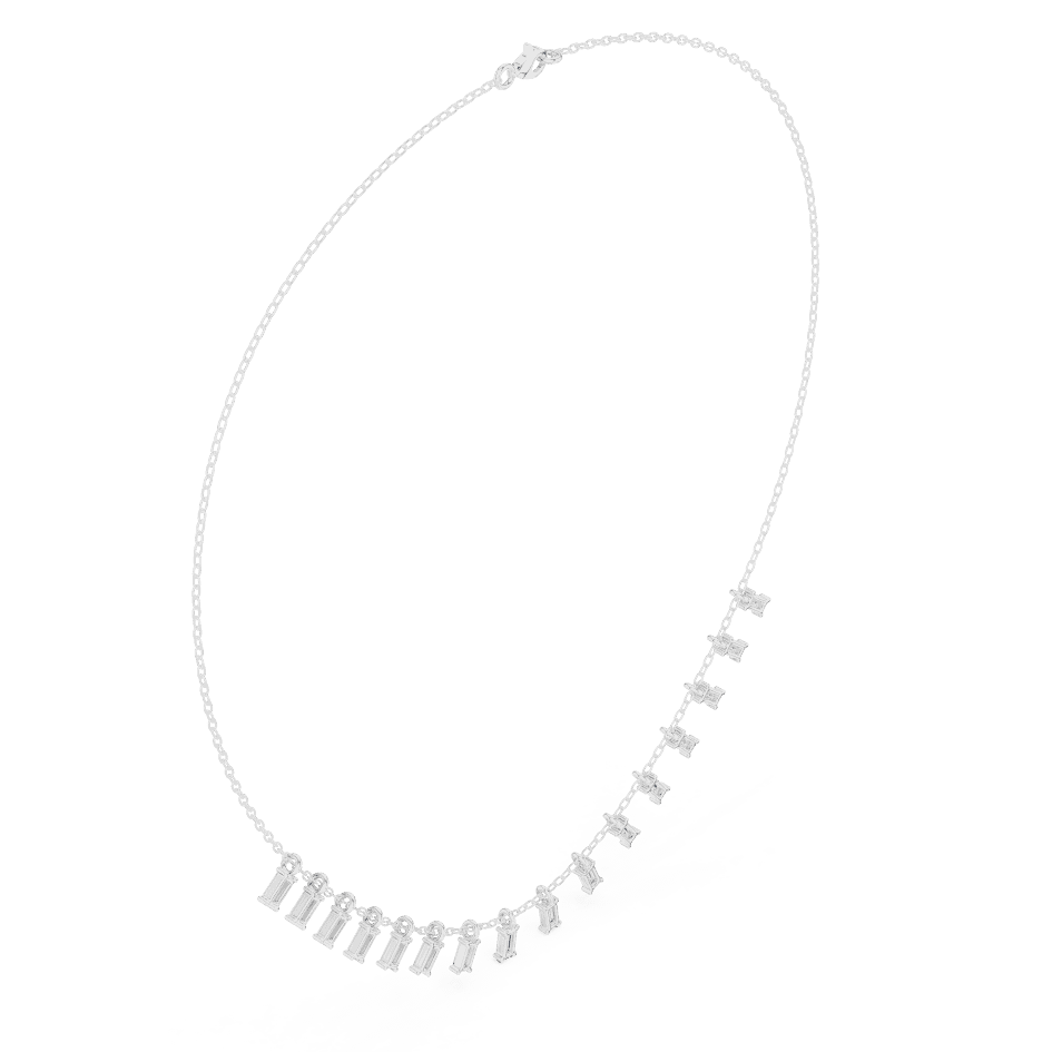 Baguette diamond fringe necklace featuring elegant geometric stone drops on a delicate chain by Orova Jewels.