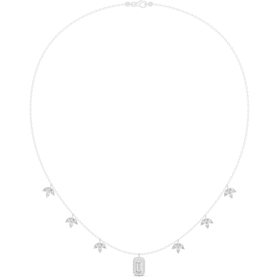 Emerald-cut diamond charm necklace featuring a delicate chain with sparkling station accents and a modern centerpiece by Orova Jewels.