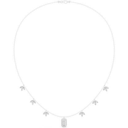 Emerald-cut diamond charm necklace featuring a delicate chain with sparkling station accents and a modern centerpiece by Orova Jewels.