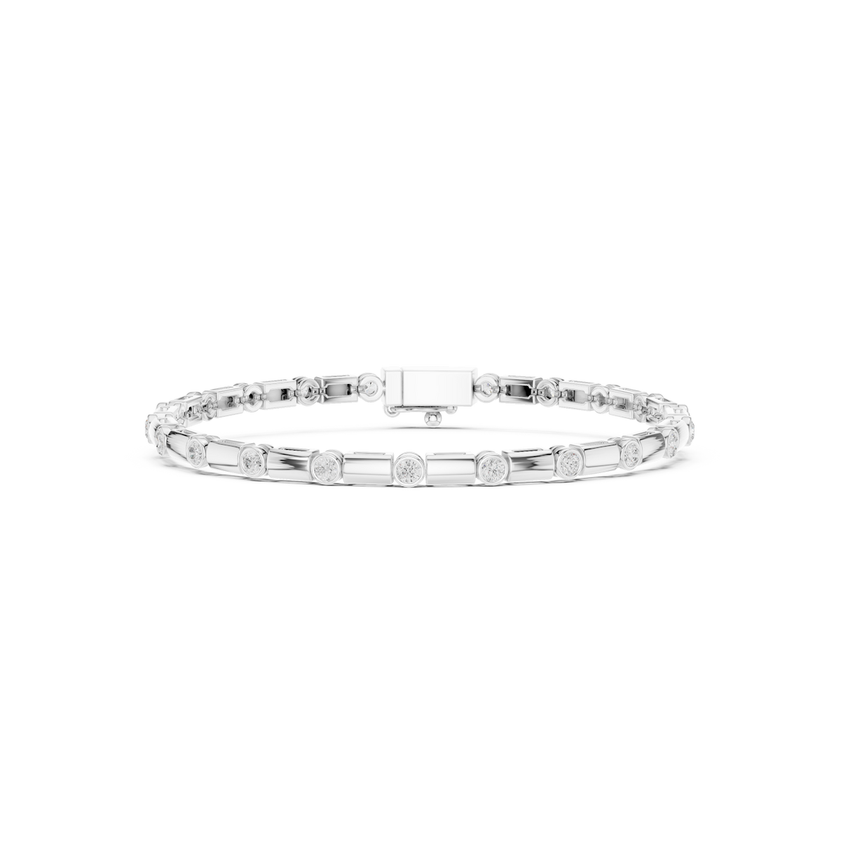 Bezel and baguette diamond tennis bracelet featuring alternating round bezel-set stones and polished baguette links by Orova Jewels.