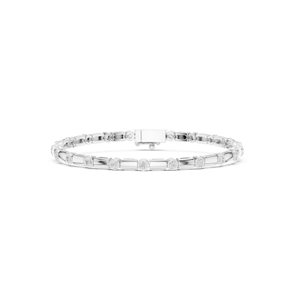 Bezel and baguette diamond tennis bracelet featuring alternating round bezel-set stones and polished baguette links by Orova Jewels.