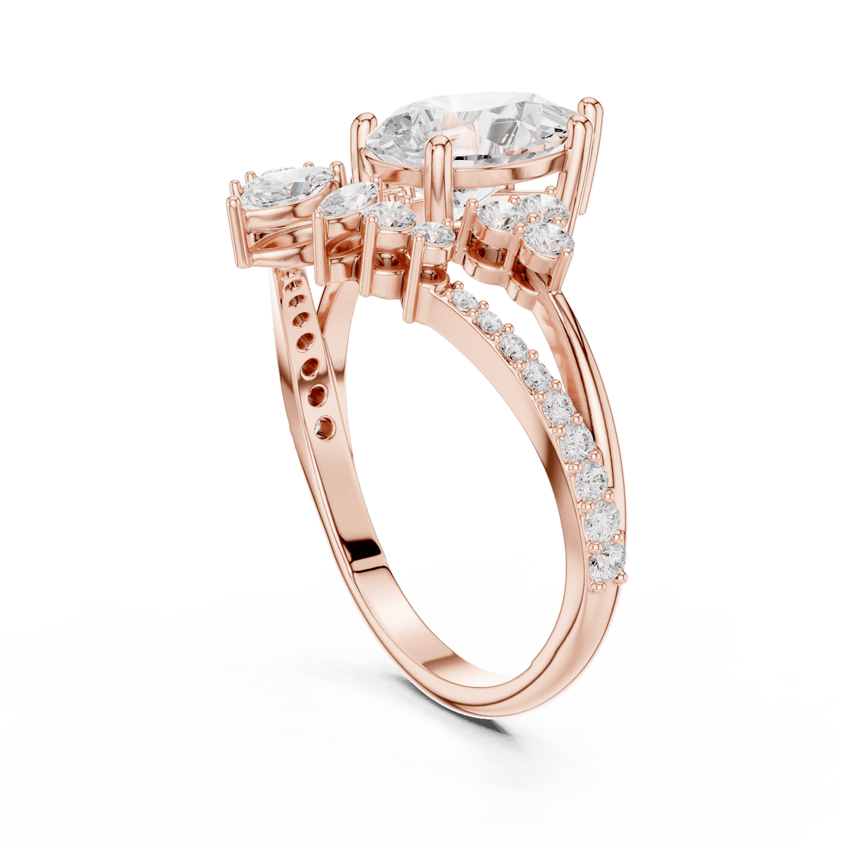 Three-stone diamond engagement ring featuring a brilliant round center stone, sparkling side stones, and a pavé-set band by Orova Jewels.