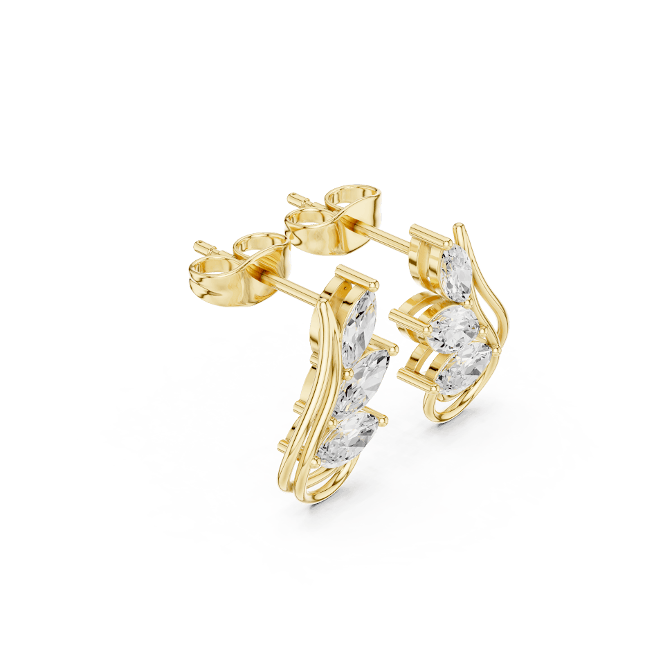Marquise diamond leaf stud earrings featuring a nature-inspired design with sparkling marquise and round stones and secure push-back closures by Orova Jewels.