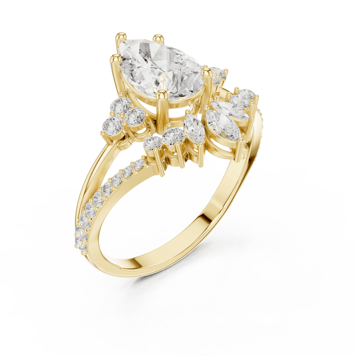 Three-stone diamond engagement ring featuring a brilliant round center stone, sparkling side stones, and a pavé-set band by Orova Jewels.