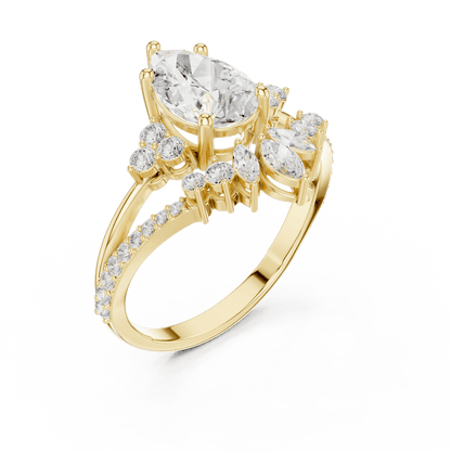 Three-stone diamond engagement ring featuring a brilliant round center stone, sparkling side stones, and a pavé-set band by Orova Jewels.
