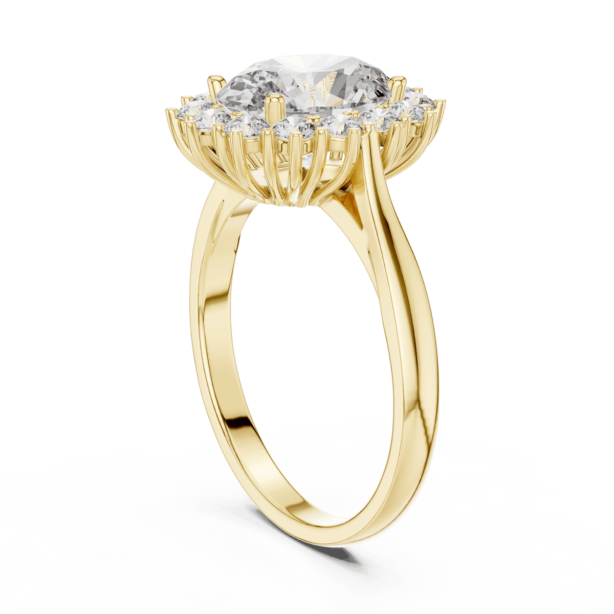 Floral halo solitaire diamond engagement ring featuring a brilliant round-cut center stone surrounded by a sparkling halo in an elegant cathedral-style setting by Orova Jewels.